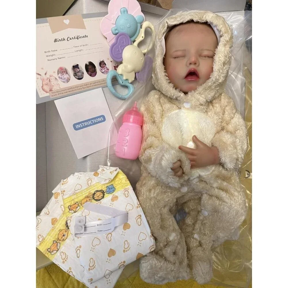 🆕17 Inch Realistic Full Body Soft Vinyl Silicone Girl Doll in Bear Outfit